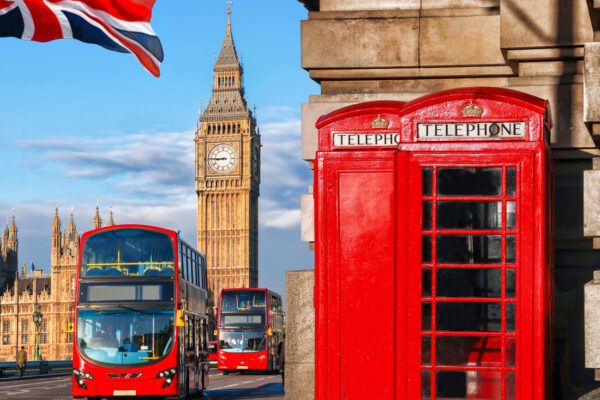 London symbols with BIG BEN, DOUBLE DECKER BUS and red PHONE BOOTHS in England, UK