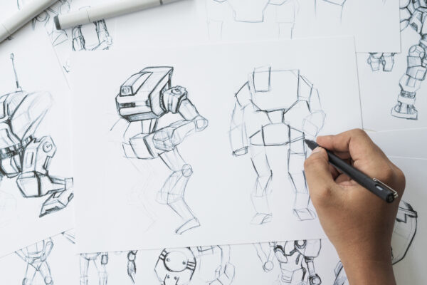 Animator designer Development designing drawing sketching development creating graphic pose characters sci-fi robot Cartoon illustration animation video game film production , animation design studio.